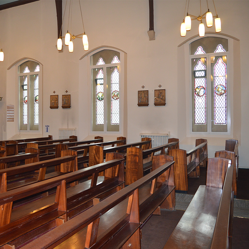 The gothic arched clerestory windows in St Patricks Church with Selectaglaze acoustic secondary glazing