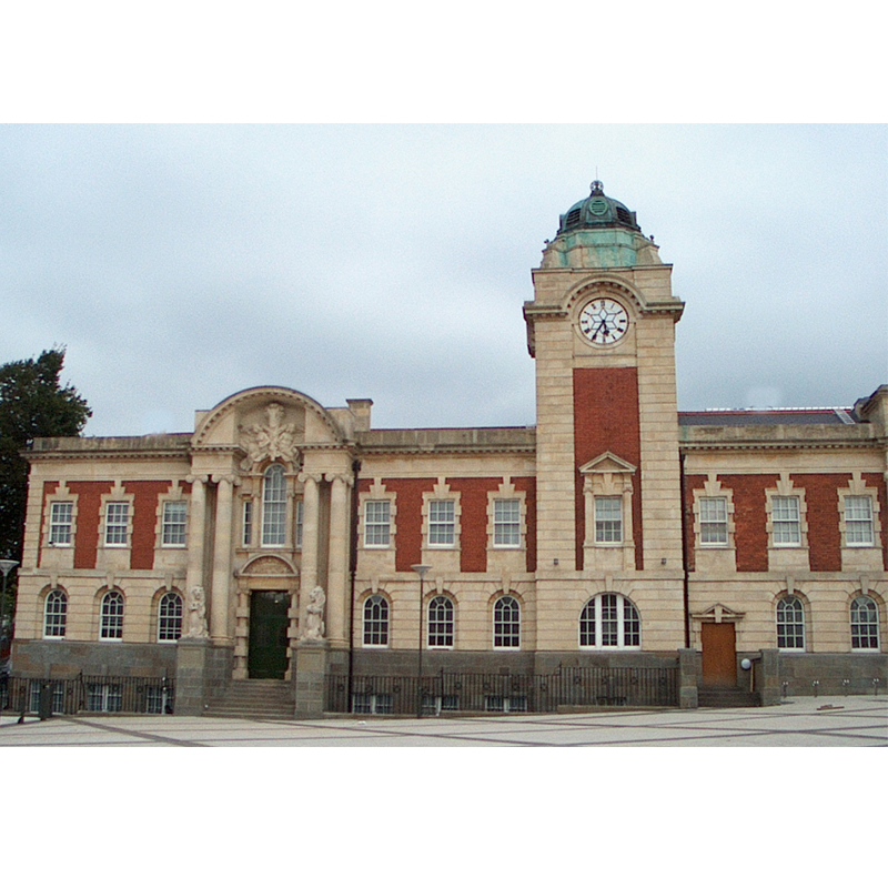 Barry Town Hall front facade with clock tower